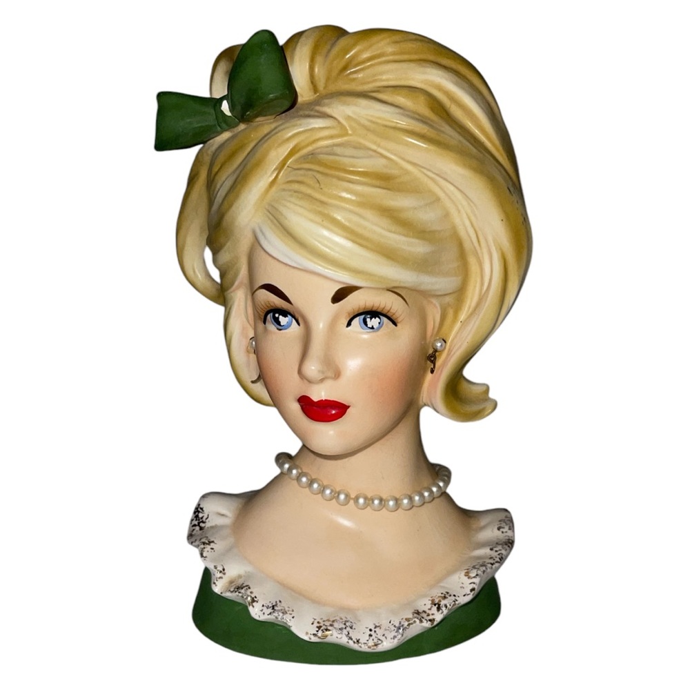 Relpo 50’s Vintage Lady Head Vase Planter with Green Bow - 7 1/2